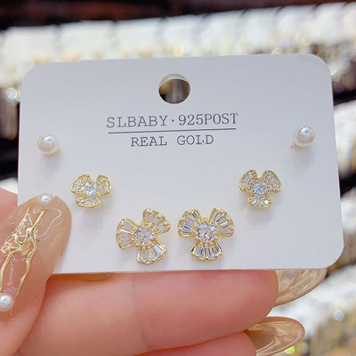 简约锆石花瓣银针三件套小巧韩女