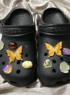 US8ACC新中式国风庄周梦蝶金箔干花玫瑰适配Crocs洞洞鞋配饰鞋花