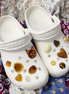US8ACC咖啡复古棕色猫咪豹纹适配crocs洞洞鞋装饰DIY鞋扣配件鞋花