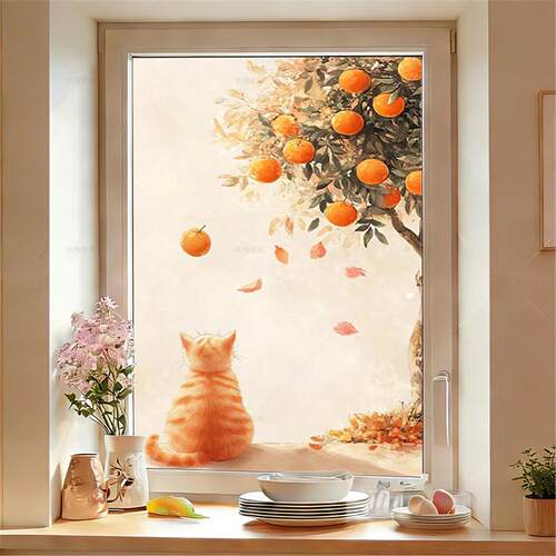 系橘猫窗景玻璃贴膜透光不透人防走光温馨ins风静电家居贴膜