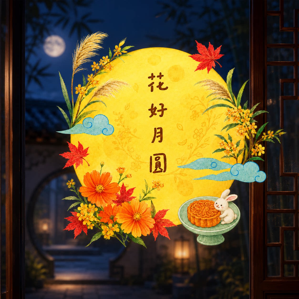 中秋原创双面静电窗贴防水