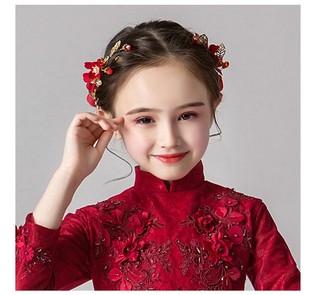 女童红色演出配饰头花儿童红色发饰带钻对花发箍精美饰品花童头饰