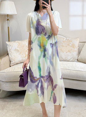 锦妃春装夏装女生日礼品褶皱海边度假中年妈妈大码女装连衣裙礼物