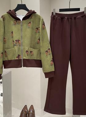 2025秋季小唐人印花显瘦遮肉大码气质时尚休闲妈妈卫衣裤运动套装