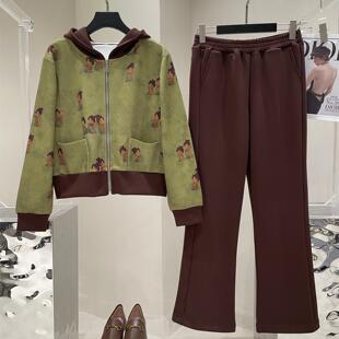 2025秋季小唐人印花显瘦遮肉大码气质时尚休闲妈妈卫衣裤运动套装
