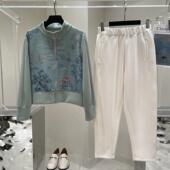 运动套装 2025国风印花显瘦遮肉超大弹力气质时尚 休闲妈妈卫衣裤