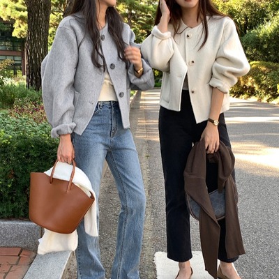 韩国chic气质 2025年新款冬季小众圆领毛呢短款外套女装