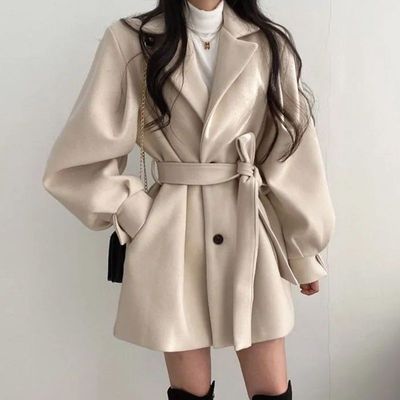 秋冬季毛呢外套女装2025新款潮宽松中长款妮子大衣小个子黑色