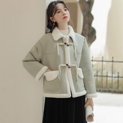 女装2025冬季十三行新款学院风羊羔绒外套翻领牛角扣加厚百搭