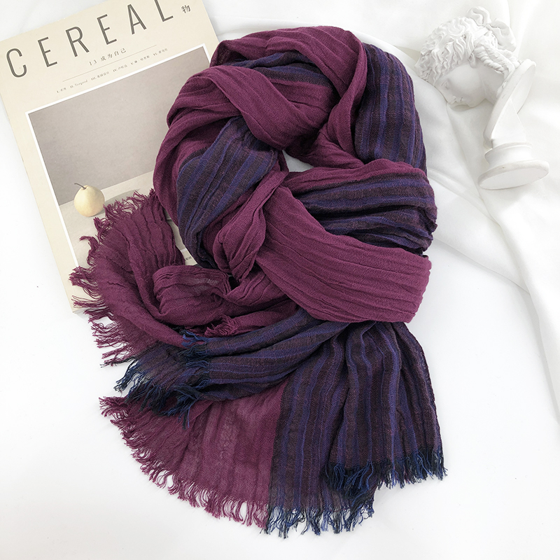 复古文艺女秋冬季紫拼色棉麻围巾