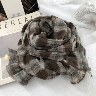 文艺范咖色格子棉质围巾女学生薄款春秋冬季学院风护颈保暖长围脖