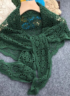 森系墨绿色镂空三角巾女叠穿遮屁帘腰封配裙子牛仔小披肩护颈领巾