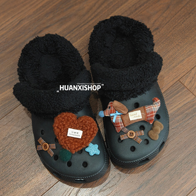 冬季毛绒百搭洞洞鞋鞋花棕色可爱腊肠狗鞋面装饰扣卡骆驰配饰鞋扣