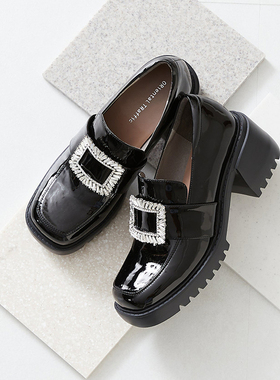 ORiental TRaffic日系秋季样把款方形宝石搭扣鞋圆头粗跟单鞋女