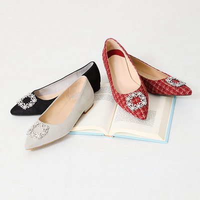 ORiental TRaffic日系秋冬新款尖头水钻配饰浅口低跟单鞋女