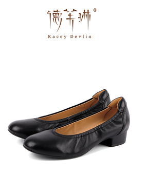 德芙琳鹿皮新款奶奶鞋软底超软真皮黑色3CM中跟鞋粗跟不累脚单鞋