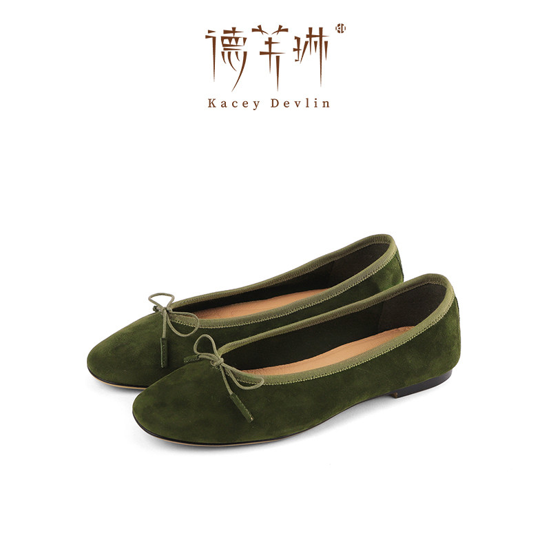 德芙琳鹿皮绿色芭蕾鞋子2025年新款超软反绒跳舞鞋平底浅口单鞋女