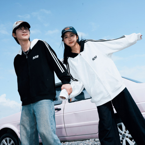 88rising 美式简约拼接条纹织带撞色字母Logo休闲开衫卫衣 男女