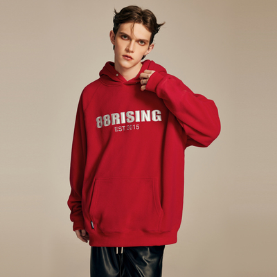 88rising 刺绣摇粒绒哑光贴PU皮字母Logo宽松潮连帽卫衣 男女同款