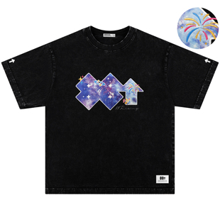 88rising 黑胶唱片系列 星空烟火刺绣美式重磅复古水洗短袖T恤