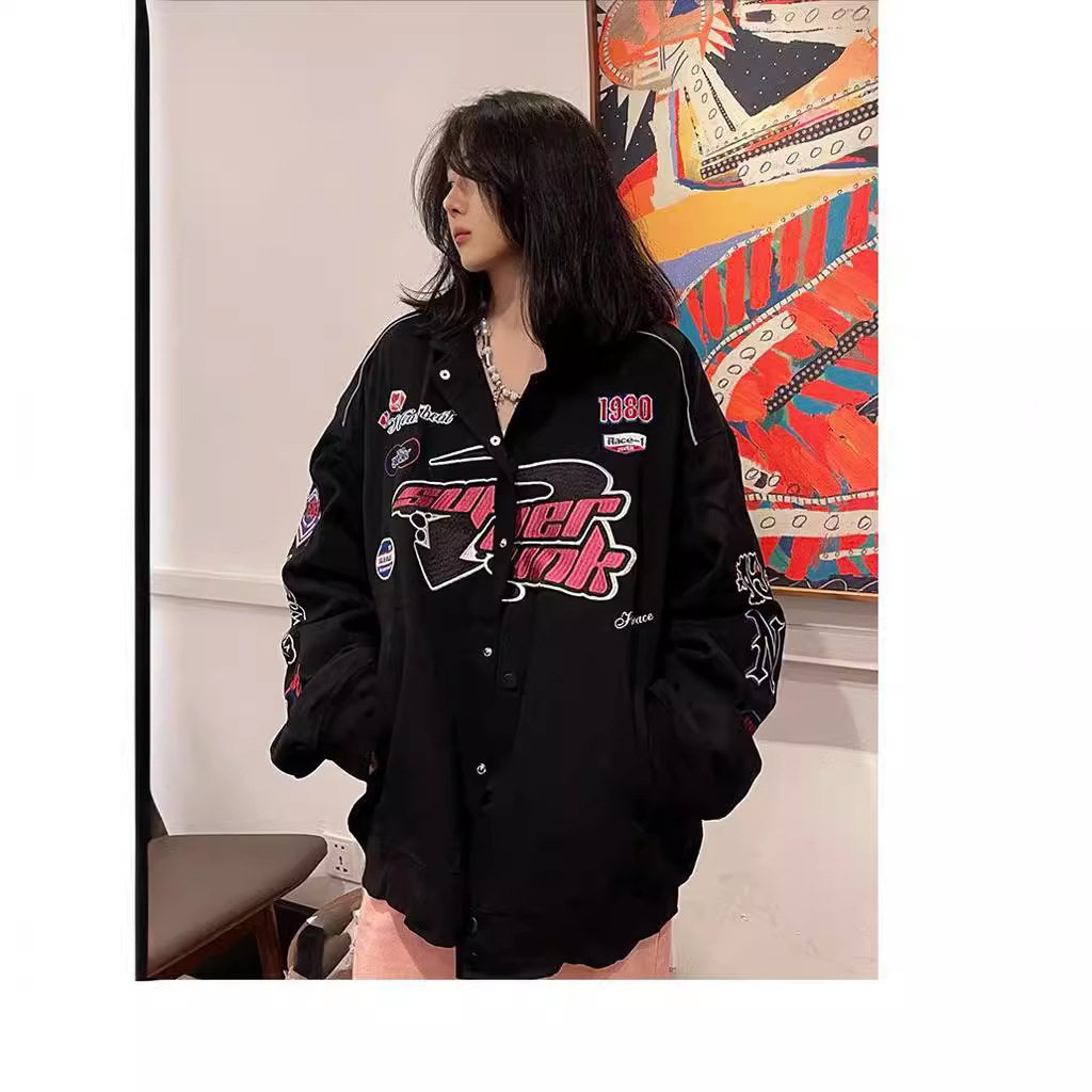 美式赛车服加厚棒球服女装秋冬新款复古宽松遮肉印花夹克机车外套