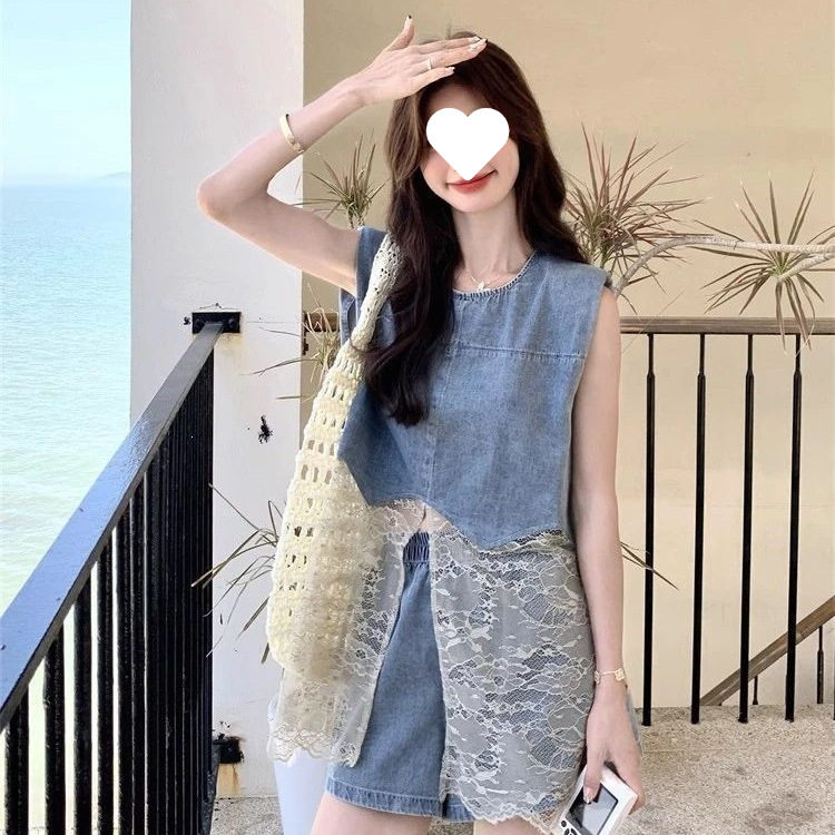 小众设计感蕾丝拼接牛仔马甲套装女2026夏新款时尚休闲短裤两件套