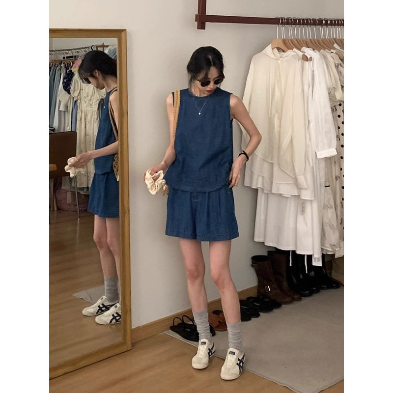 牛仔夏装时尚背心一整套设计短裤套装新款夏季上衣两件减龄两件套