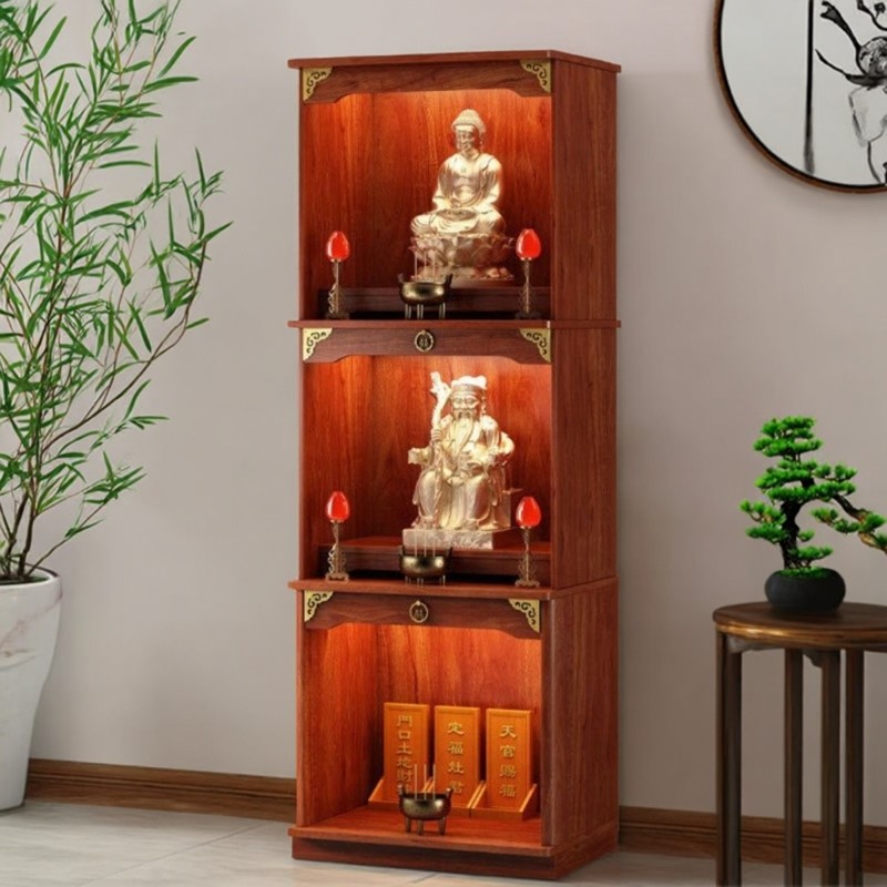 三层神台柜带门实木新中式佛龛上下层花梨色供香桌家用简约小神柜