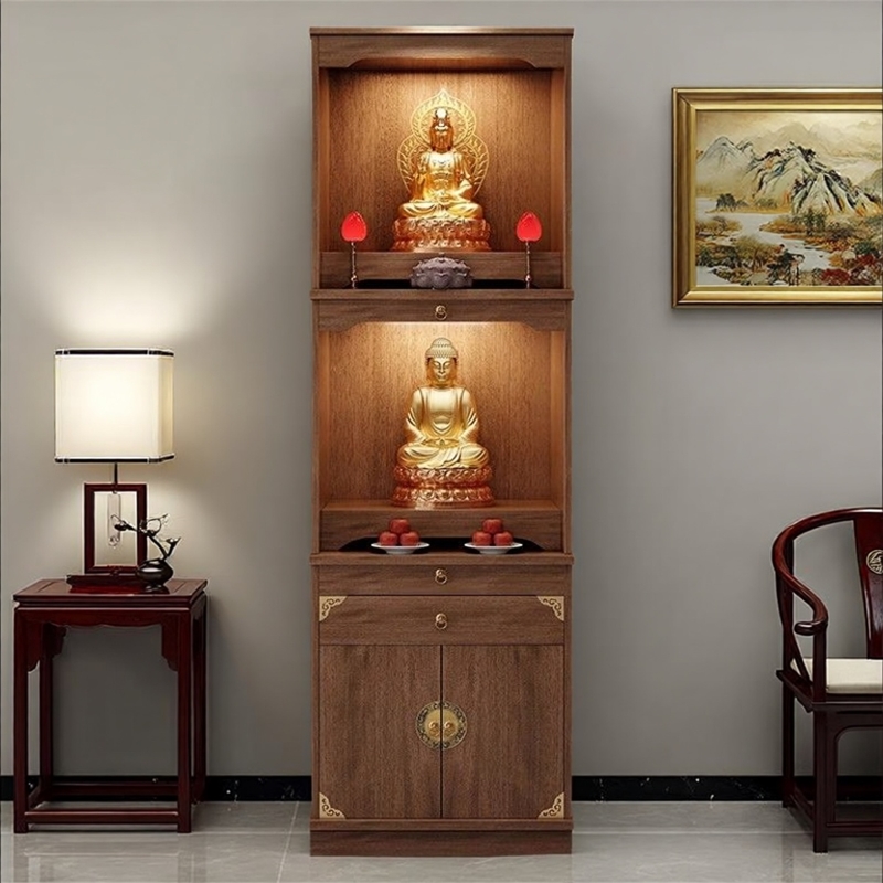 三层神台柜带门实木新中式佛龛上下层花梨色供香桌家用简约小神柜