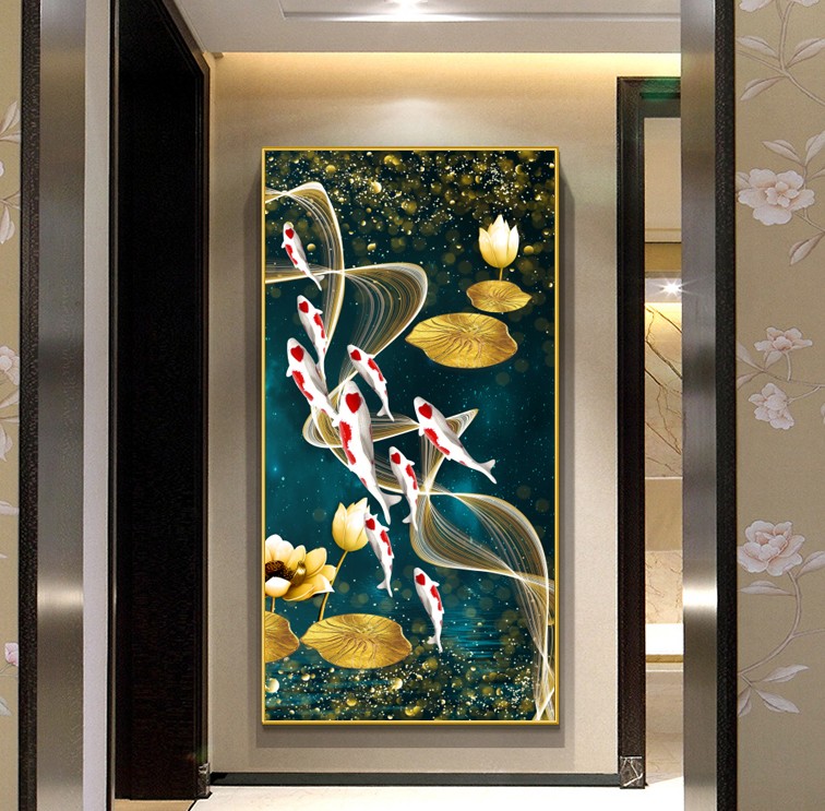 玄关走廊中式风竖版金色九鱼图