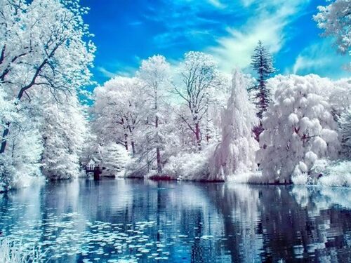 DMC客厅玄关名画湖边雪景十字绣