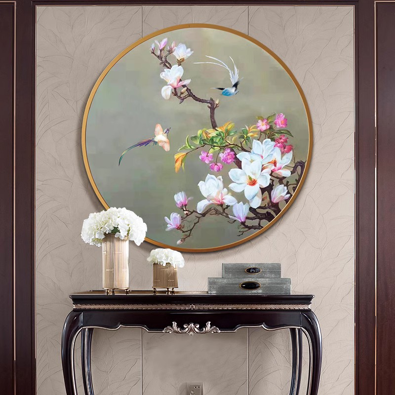 精准印花正品DMC十字绣 新款客厅书房餐厅简约现代圆形玉兰花喜鹊