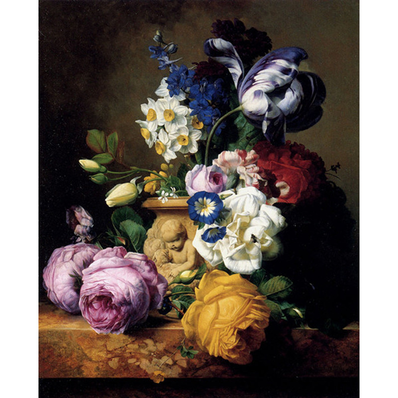 印花新款DMC十字绣正品 客厅卧室餐厅名画油画 玫瑰郁金香牵牛花