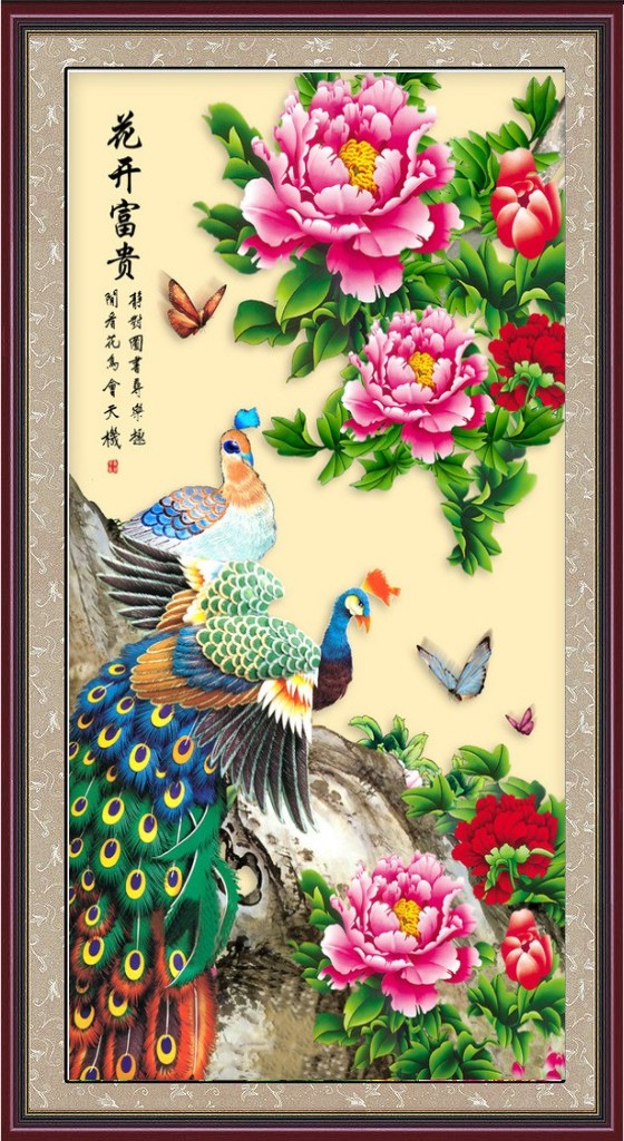 精准风法国花开富贵孔雀图十字绣