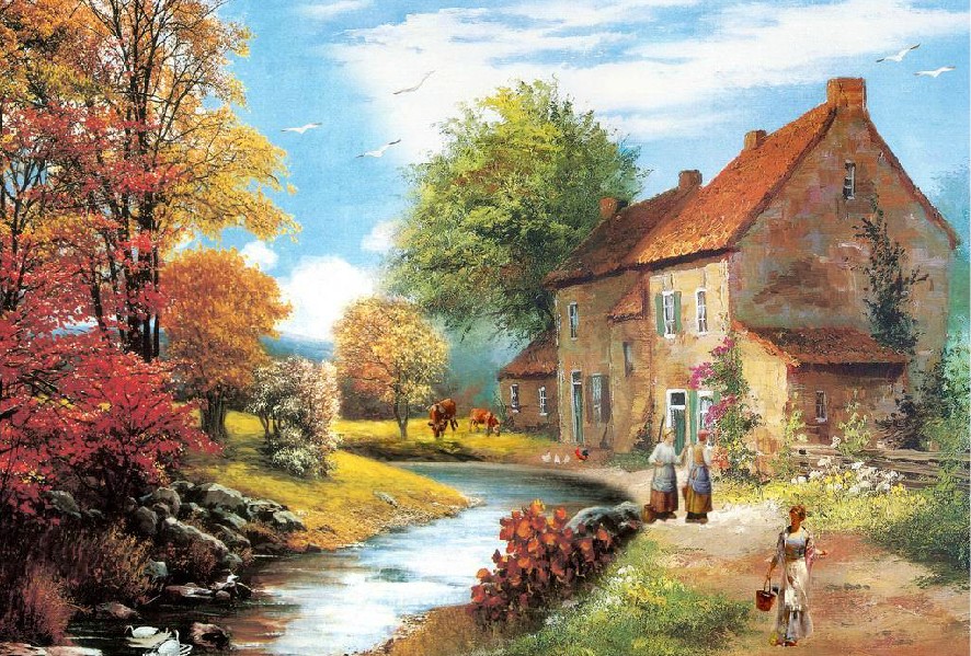 新款包邮dmc十字绣客厅卧室风景大油画名画 地中海之温馨家园