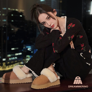 澳洲正品dreammerinougg可拆卸三穿舒适时尚包头厚底绑带茸茸拖鞋