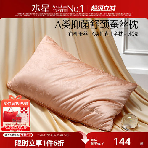 水星家纺蚕丝枕A类抑菌蚕丝枕头刺绣可水洗枕芯有机蚕丝25年新品