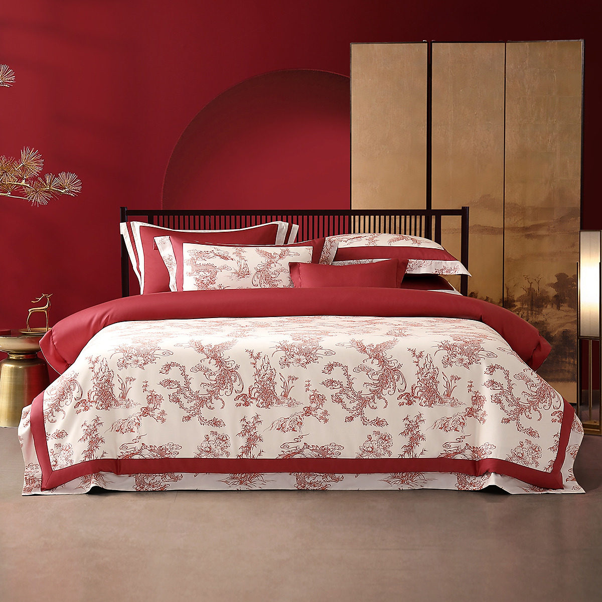 水星家纺婚庆四件套100S双股长绒棉贡缎套件红色结婚喜庆轻奢床品