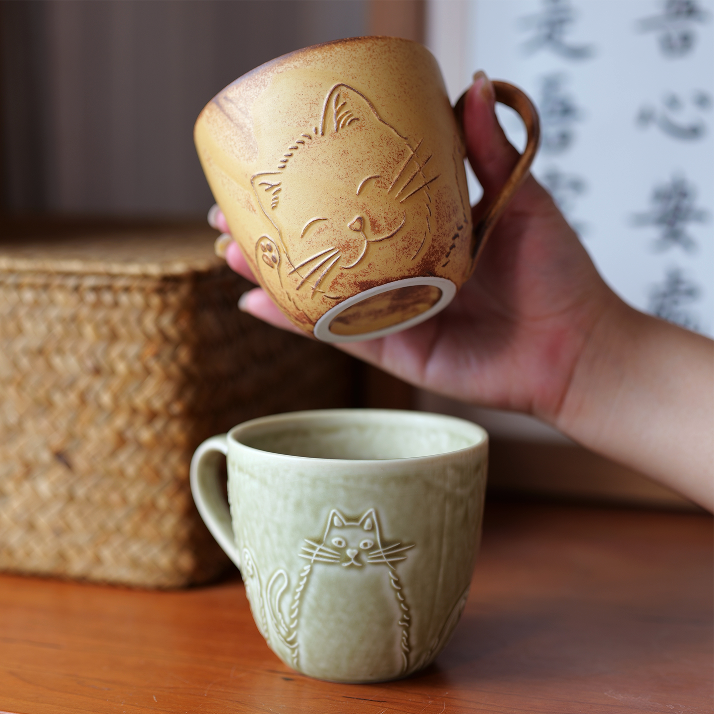浮雕猫咪马克杯复古窑变釉
