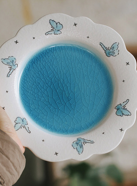 蓝绿色花瓣边盘子冰裂釉小清新高颜值甜品蛋糕点心意面碟法式餐盘