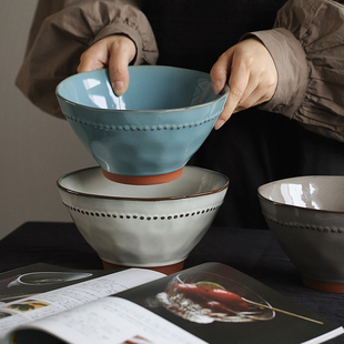 拉面碗陶瓷喇叭斗笠锥形7寸沙拉水果蔬菜装汤复古日式做旧甜品盆