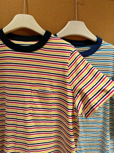 ADERROSE2025年夏季 T恤上衣女 新品 减龄百搭显瘦条纹撞色圆领短袖