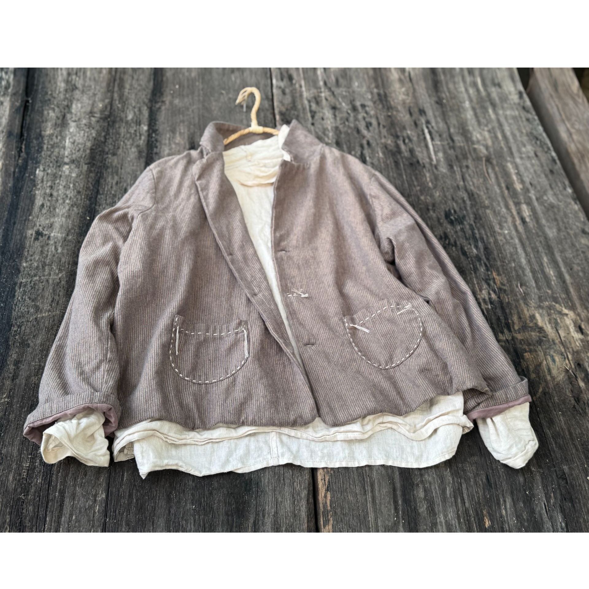 半城原创设计新高品质双层色织条纹亚麻外套文艺复古宽松西服上衣