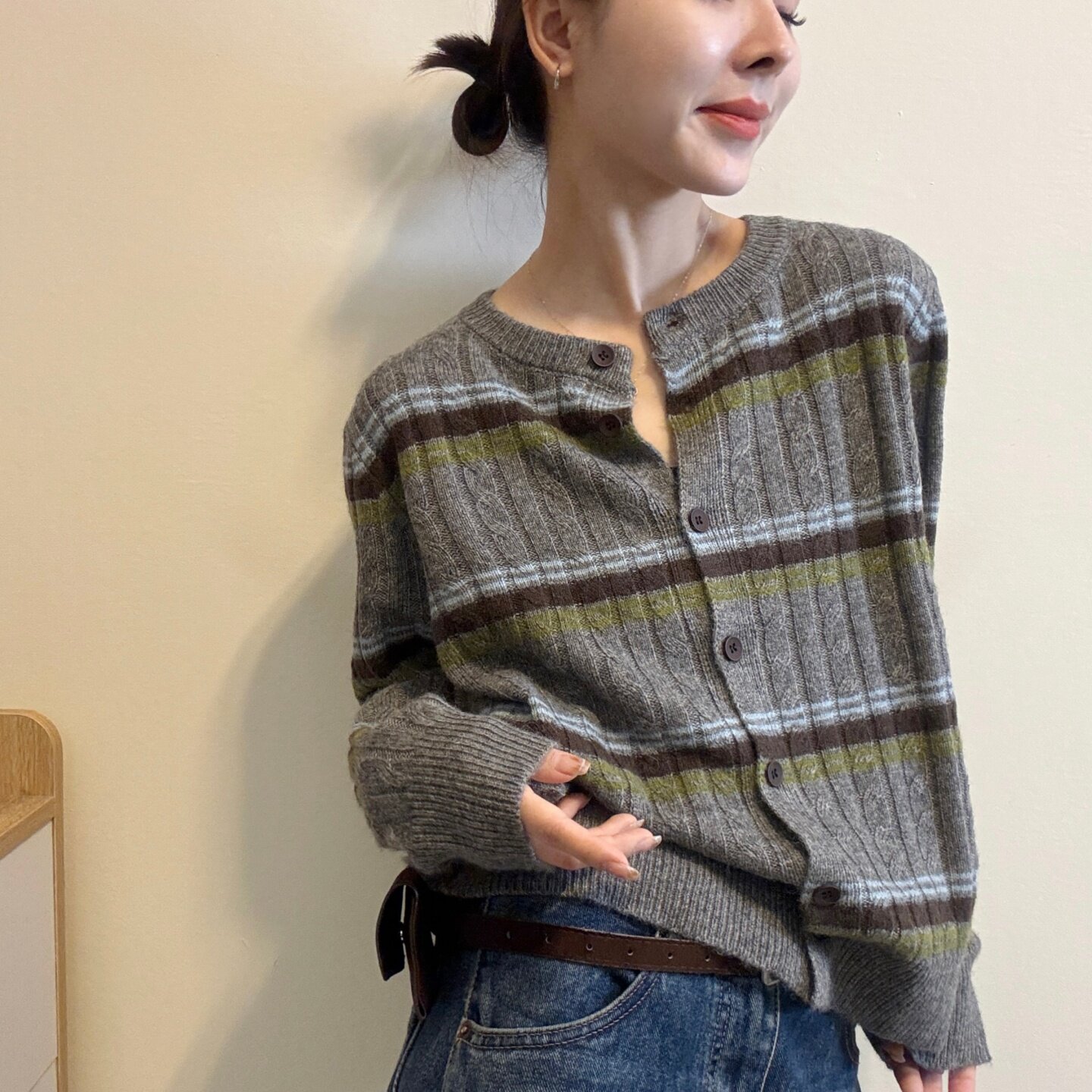 欧洲站灰绿条纹羊毛针织开衫女