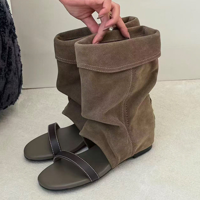 诗歌兰女鞋2026夏季新款时尚百搭真皮时装靴平底一脚气质马丁靴潮