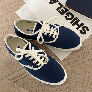 圆头系带帆布鞋 百搭休闲板鞋 女2026春季 平底时尚 潮 新款 诗歌兰韩版