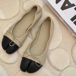 诗歌兰女鞋2026新款百搭真皮分趾蝴蝶结单鞋平底浅口一脚蹬懒人鞋