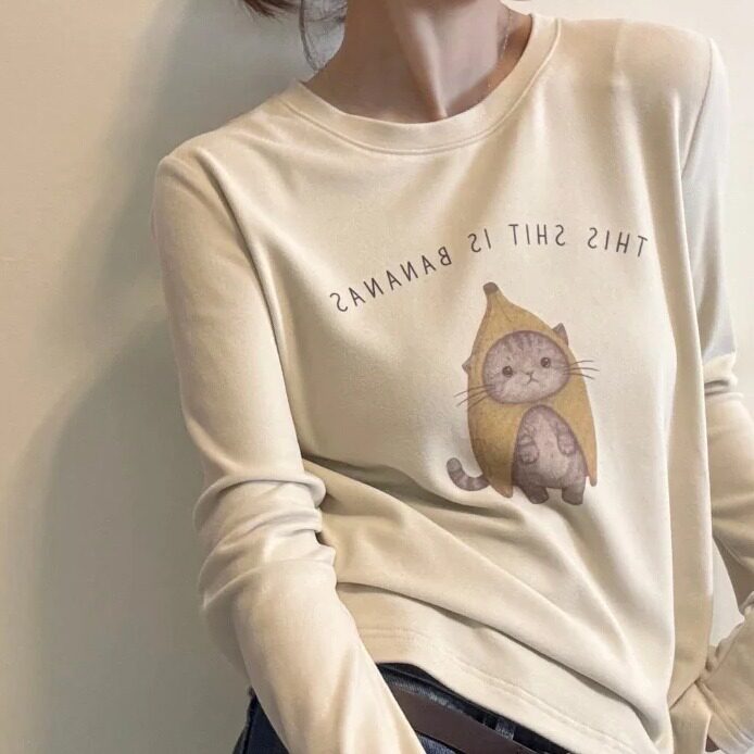 欧洲站卡通猫咪长袖T恤女