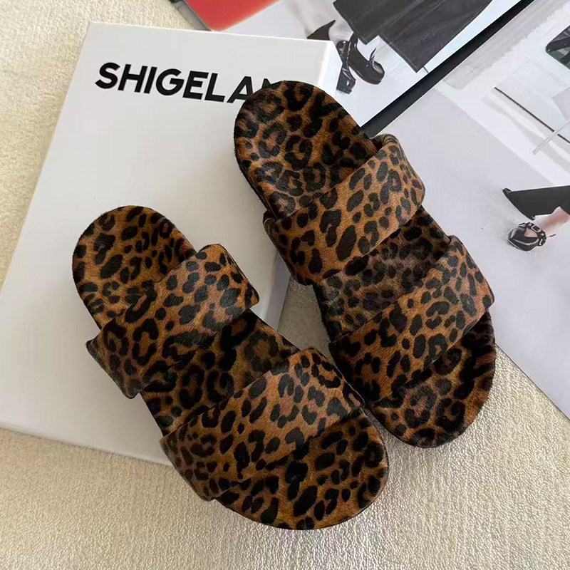 诗歌兰女鞋2026夏季新款时尚百搭真皮马毛豹纹拖鞋厚底浅口凉鞋潮