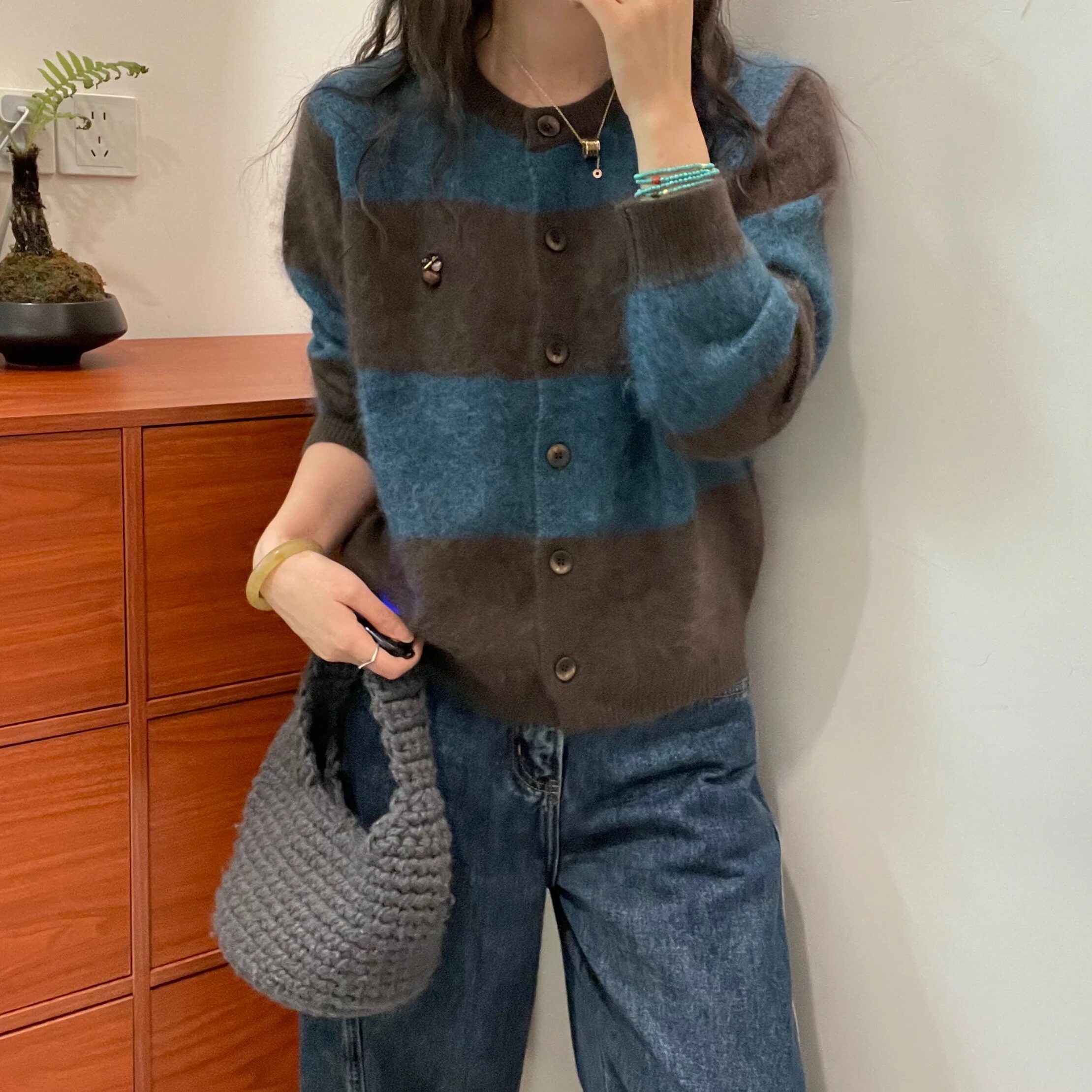 欧洲站宽条纹羊绒羊毛开衫女